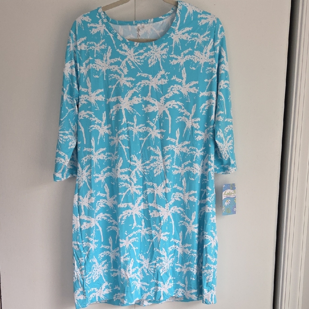 Lulu-B Turquoise and White Palm Tree Cover Up Beachy Dress